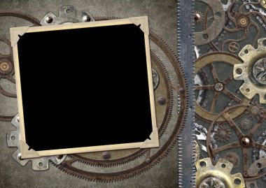 Grunge retro background in steampunk style with photo frame, vintage metal details, pipelines, gear. Mock up template. Copy space for text. Can be used for steampunk, industrial, mechanical design clipart