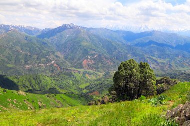 Taşkent bölgesindeki Chimgan Dağları 'nın güzel manzarası. Özbekistan, Charvak Gölü yakınlarındaki Batı Tien Shan Dağları 'ndaki cennet manzarası