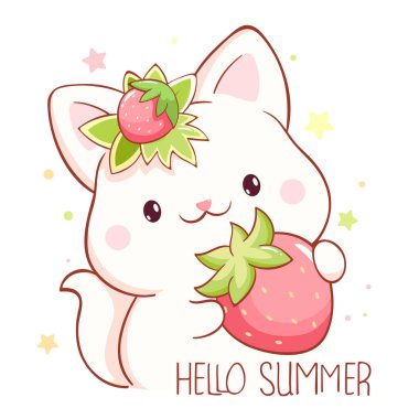 Kawaii tarzında güzel bir sezon kartı. Çilekli şirin bir kedi. Yazı. Merhaba yaz. Tişört baskısı, çıkartma, tebrik kartı tasarımı için kullanılabilir. Vektör illüstrasyonu EPS8