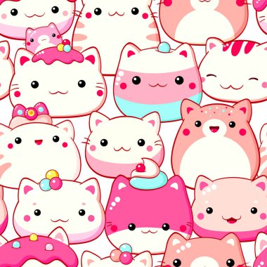 Geleneksel Çin kedisi şekilli mantou çörekleri ile kusursuz desen. Kawaii tarzında güzel bir iz. Sonsuz doku tekstil dolguları, tişört tasarımı, web sayfası arka planı için kullanılabilir. Vektör EPS