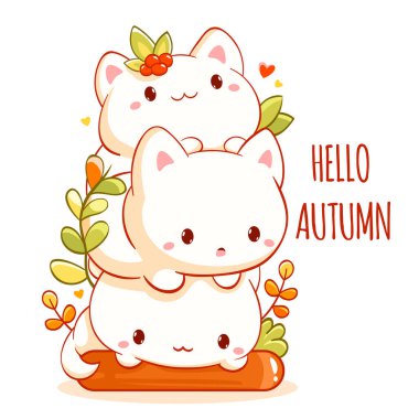 Merhaba sonbahar. İçinde Kawaii tarzı üç küçük kedi yavrusu olan kare kart. Tişört baskısı, çıkartma, sezonluk tebrik kartı tasarımı için kullanılabilir. Vektör illüstrasyonu EPS8