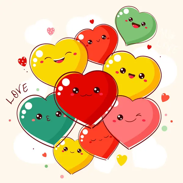 stock vector Cute Valentine card in kawaii style. Many cute funny hearts with emoji faces. Inscription My Love. Can be used for t-shirt print, stickers, greeting card design. Vector illustration EPS8