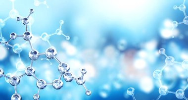Horizontal banner with model of abstract molecular structure. Background of blue color with glass atom model. Copy space for your text. 3d render