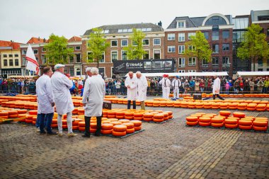 ALKMAAR, NETHERLANDS - 29 Nisan 2022: Hollanda 'nın Alkmaar kentindeki ünlü Hollanda peynir pazarında peynirle yürüyen peynir taşıyıcılar