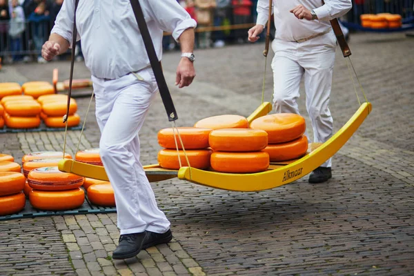 在荷兰阿尔卡玛著名的荷兰奶酪市场上 奶酪携带者们带着奶酪散步 — 图库照片