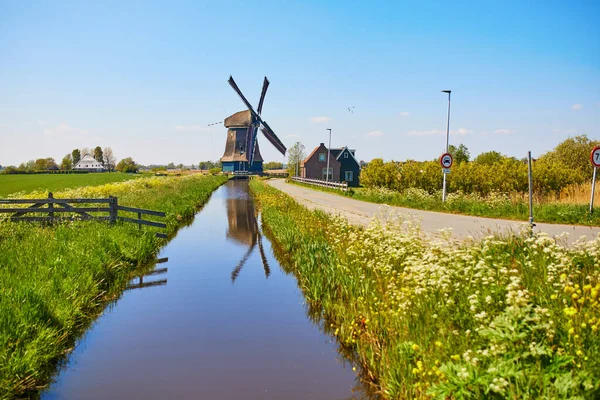 Traditionelle Holländische Windmühle Auf Dem Feld Typische Landschaft Der Niederlande — Stockfoto