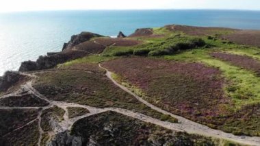 Fransa 'nın Brittany kentindeki en popüler turizm merkezlerinden biri olan Cape dErquy' deki fundalıkların manzarası. Ünlü GR34 izleme yolu boyunca yaygın olarak bilinen turistik ilgi.