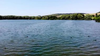 Normandiya, Fransa 'daki bir gölün insansız hava aracı görüntüsü. Yeşil tarlaları ve çayırları olan güzel bir Fransız kırsalı. Kırsal alan