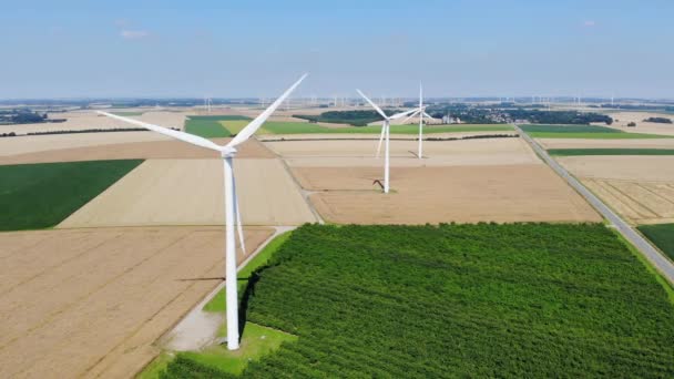 Landschaftliche Drohnenaufnahmen Von Windkraftanlagen Und Grünen Und Gelben Feldern Der — Stockvideo