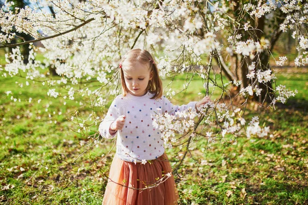 満開のリンゴの木の近くで素敵な晴れた春の日を楽しんでいる愛らしい女の子 子供のための屋外春の活動 — ストック写真
