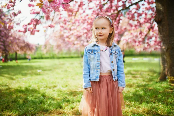 Adorable Preschooler Girl Tutu Skirt Enjoying Nice Spring Day Cherry — Fotografia de Stock