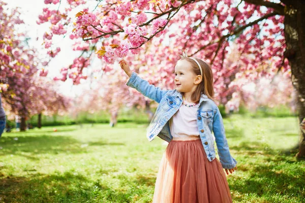 Adorable Preschooler Girl Tutu Skirt Enjoying Nice Spring Day Cherry — Foto Stock
