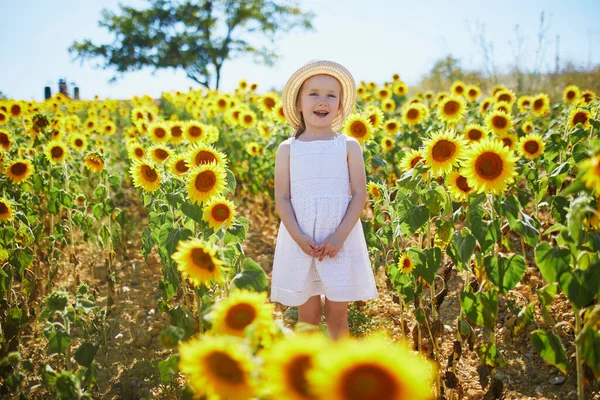 Adorable Year Old Girl White Dress Straw Hat Field Sunflowers — Stock Photo, Image