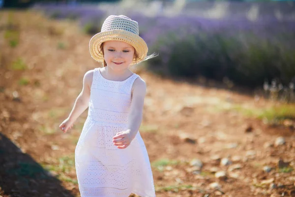 Adorable Year Old Girl White Dress Straw Hat Walking Rows —  Fotos de Stock