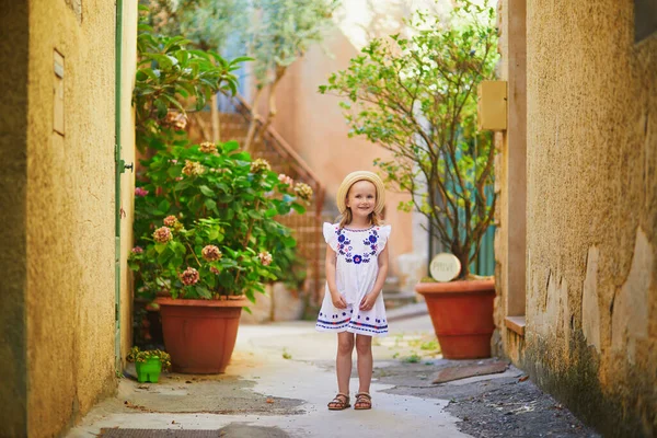 Adorable Preschooler Girl White Dress Straw Hat Street Bonnieux Village — Stock Photo, Image