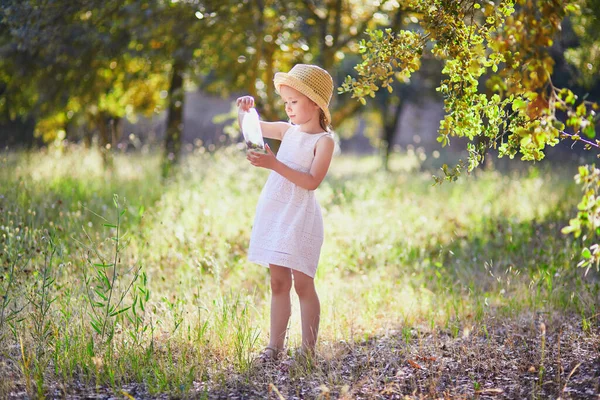 Adorable Year Old Girl White Dress Straw Hat Walking Garden — Photo