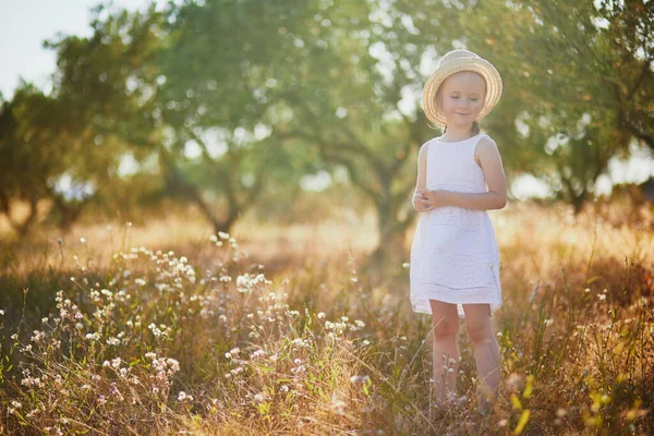 Adorable Year Old Girl White Dress Straw Hat Olive Tree —  Fotos de Stock