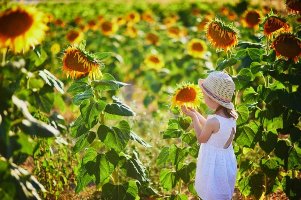 Adorable Year Old Girl White Dress Straw Hat Field Sunflowers — Fotografia de Stock