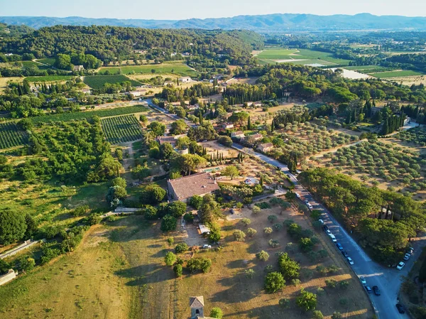 Aerial Scenic Mediterranean Landscape Cypresses Olive Trees Vineyards Provence Southern — 图库照片