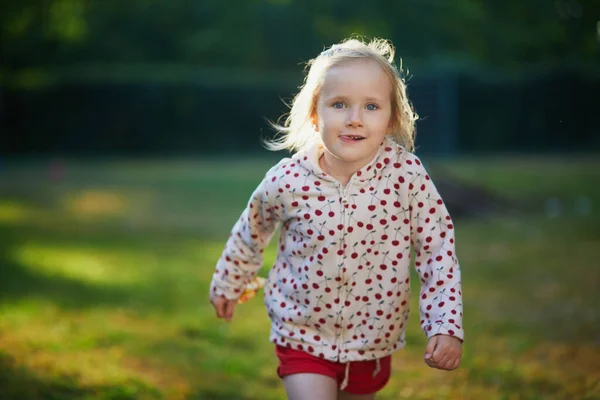 Счастливой Веселой Дошкольницы Гуляющей Парке Летние Развлечения Открытом Воздухе Детей — стоковое фото