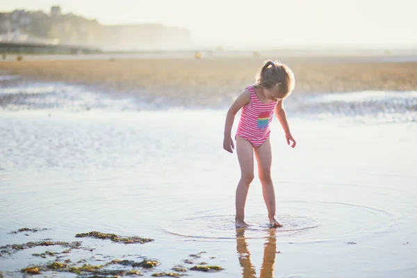 Preschooler Girl Having Fun Sand Beach Atlantic Coast Normandy France — 图库照片