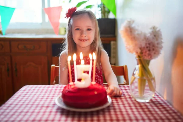 Happy Little Girl Celebrating Her Fifth Birthday Making Wish Little — Foto de Stock