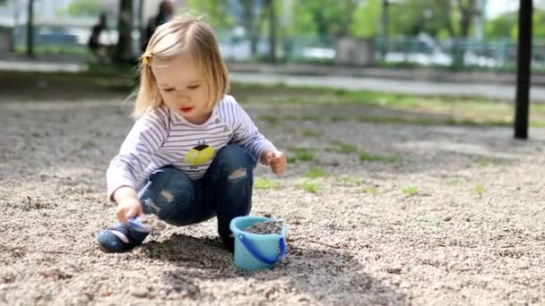 Adorable Toddler Girl Playing Bucket Shovel Making Mudpies Gathering Small — Stock Video