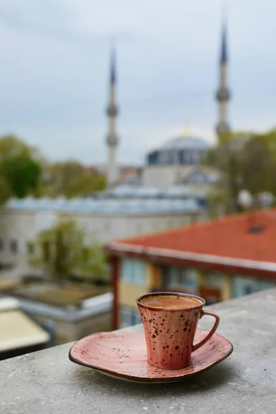 Cup Fresh Black Turkish Coffee View Yeni Valide Mosque Uskudar — Stock Photo, Image
