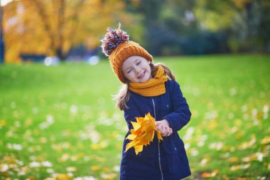 Sevimli anaokulu kızı dışarıda güneşli ve güzel bir sonbahar gününün tadını çıkarıyor. Mutlu çocuk Paris, Fransa 'da sonbahar yaprakları topluyor. Çocuklar için açık hava sonbahar aktiviteleri