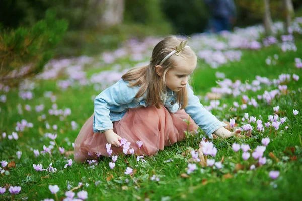 Cute Preschooler Girl Princess Crown Sitting Grass Gathering Flowers Little — Stock Photo, Image