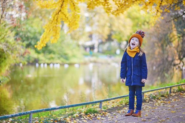 可爱的学龄前女孩在户外享受着美好而阳光灿烂的秋日 快乐的孩子在法国的巴黎收集秋天的叶子 儿童室内秋季活动 — 图库照片