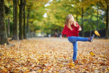Fransa, Paris 'teki sonbahar parkında yürüyen ve düşen yaprakları tekmeleyen sevimli anaokulu kızı. Mutlu çocuk sonbahar gününün tadını çıkarıyor. Fransa 'da sonbahar sezonu. Çocuklar için açık hava sonbahar aktiviteleri