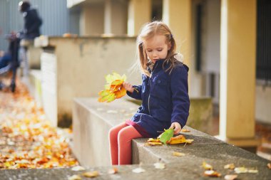 Sevimli anaokulu kızı dışarıda güneşli ve güzel bir sonbahar gününün tadını çıkarıyor. Mutlu çocuk Paris, Fransa 'da sonbahar yaprakları topluyor. Çocuklar için açık hava sonbahar aktiviteleri