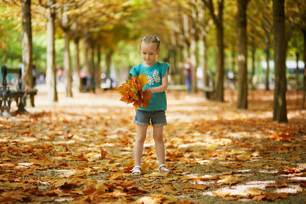 Adorable preschooler girl enjoying warm and sunny autumn day outdoors. Happy child gathering autumn leaves in Paris, France. Outdoor fall activities for kids