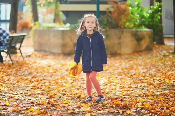 Menina Pré Escolar Adorável Desfrutando Agradável Ensolarado Dia Outono Livre — Fotografia de Stock