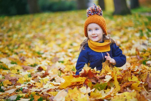 屋外で素敵で晴れた秋の日を楽しんでいる愛らしい幼稚園の少女 フランスのパリの葉で覆われた地面に座っている幸せな子供 子供のための屋外の落下活動 ロイヤリティフリーのストック画像