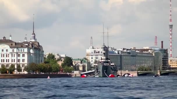 Vue Eau Légendaire Croiseur Protégé Russe Aurora Actuellement Conservé Comme — Video