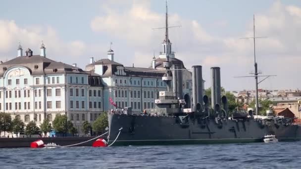 Vue Eau Légendaire Croiseur Protégé Russe Aurora Actuellement Conservé Comme — Video
