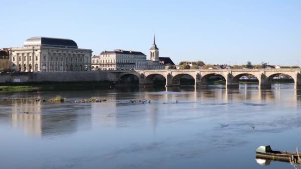 法国西部缅因州Saumur的卢瓦尔河与Cessart桥景观 — 图库视频影像