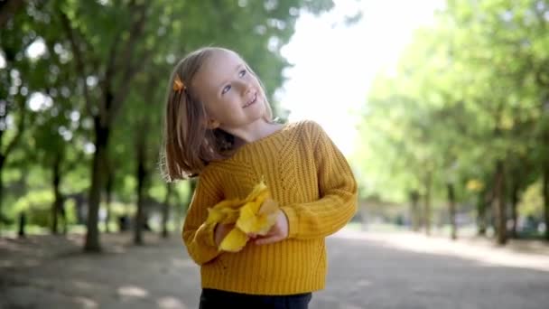 Niña Preescolar Suéter Amarillo Con Racimo Hojas Otoño Colores Parque — Vídeos de Stock