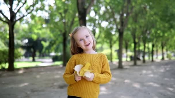 Menina Pré Escolar Suéter Amarelo Com Monte Folhas Outono Coloridas — Vídeo de Stock