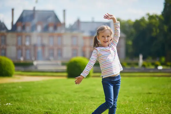 Happy Cheerful Preschool Girl Walking Breteuil Castle France Outdoors Summer — Stock Photo, Image