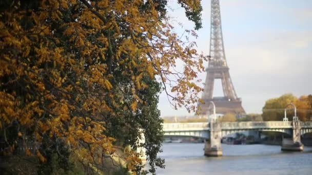 Вид Ейфелеву Вежу Над Річкою Сена Гарний Осінній День Парижі — стокове відео