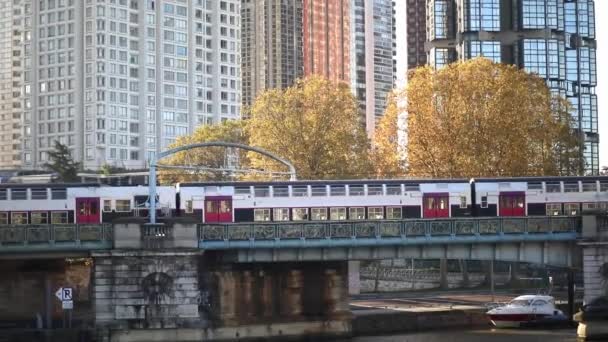Pociąg Paryskiego Metra Rer Przejeżdżający Przez Pont Rouelle Nad Sekwaną — Wideo stockowe