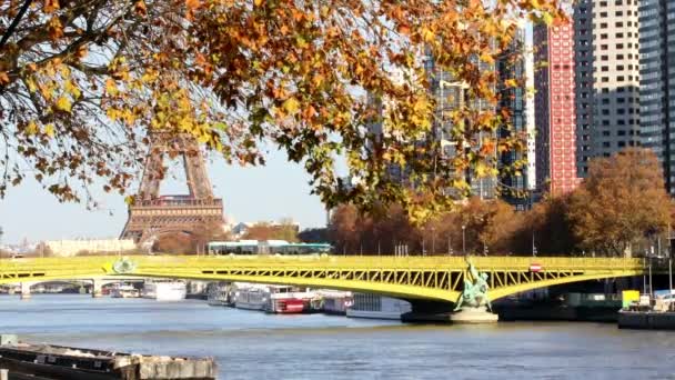 Blick Auf Den Eiffelturm Über Die Seine Mit Der Mirabeau — Stockvideo