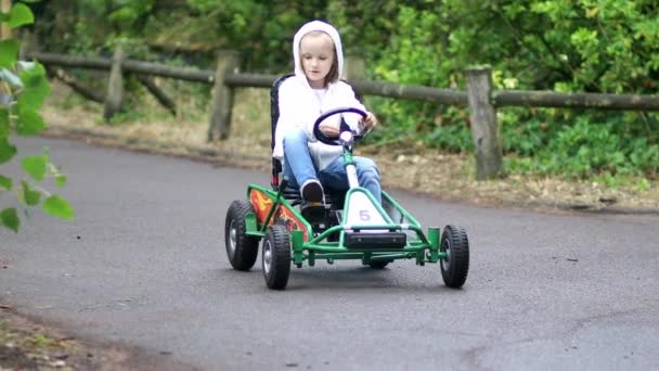 Niña Preescolar Conduciendo Coche Carreras Pedales Parque Atracciones Con Marcas — Vídeos de Stock