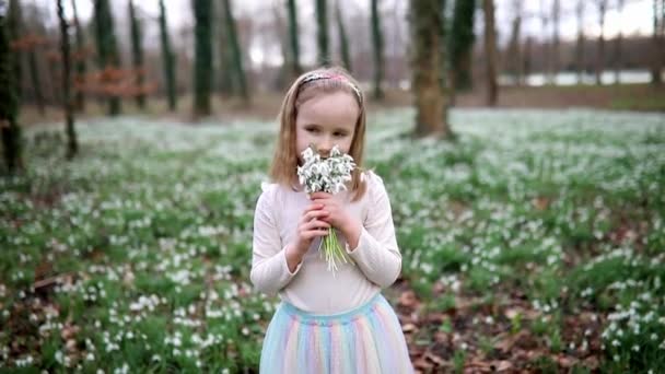 Cute Przedszkolak Dziewczyna Zielonej Spódnicy Tutu Zbieranie Kwiatów Śniegu Parku — Wideo stockowe