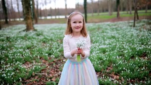 Cute Preschooler Girl Green Tutu Skirt Gathering Snowdrop Flowers Park — Vídeos de Stock