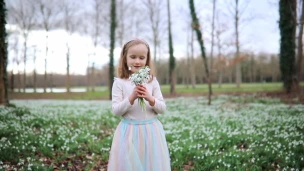 Cute Preschooler Girl Green Tutu Skirt Gathering Snowdrop Flowers Park — Vídeo de Stock