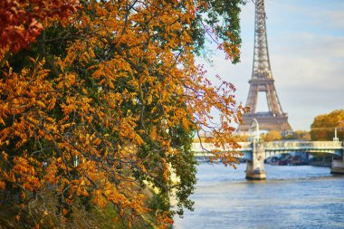 Paris 'te güzel bir sonbahar gününde Seine nehrinin üzerindeki Eyfel kulesine manzara